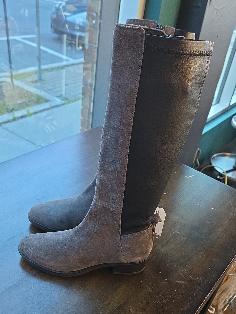 Geox Size 5 Women's Gray And Black Knee-High Leather Suede Heeled Boots